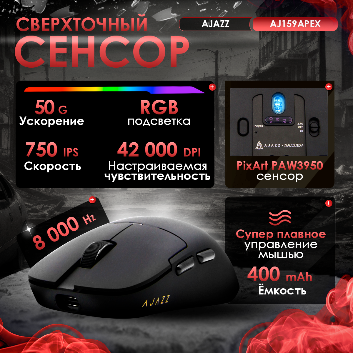 Игровая беспроводная / проводная мышь AJAZZ AJ159APEX с док-станцией — фото 1