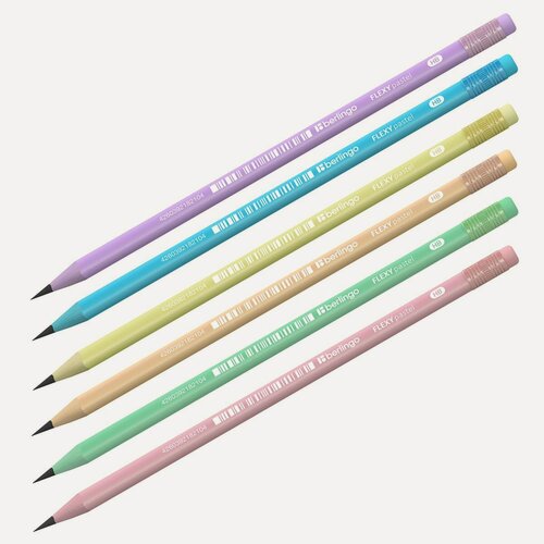 Изображение товара Карандаш чернографитный Berlingo Flexy Pastel (НВ, с ластиком, трехгранный, заточенный, пластик) ПВХ-бокс (BP01014), 12шт.
