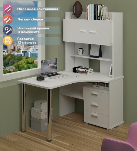 Изображение товара Стол компьютерный Мэрдэс СР-133-130 бе-прав Белый с надстройкой, угловой