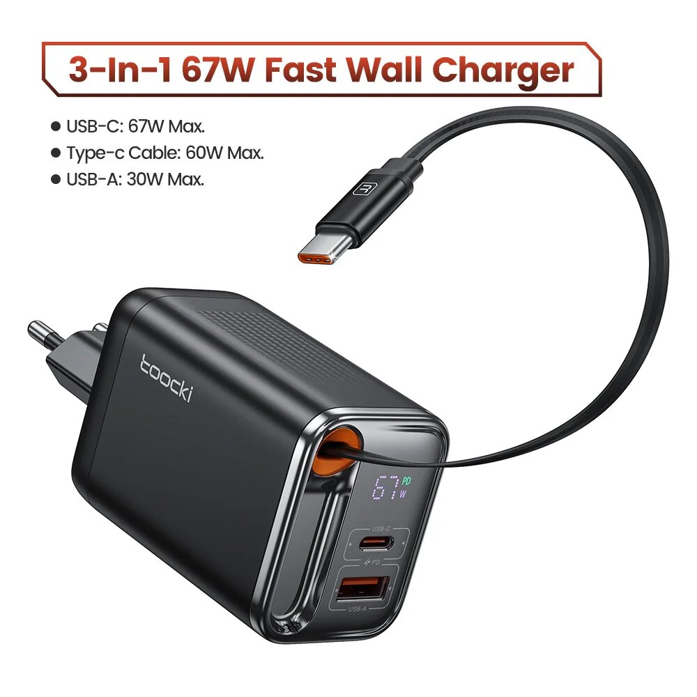 Зарядное устройство Toocki GaN USB C 67 Вт с выдвижным кабелем типа C PPS PD3.0 SFC2.0 Быстрое зарядное устройство для ноутбука iPhone 16 15 Samsung S25 S24, EU Black Display