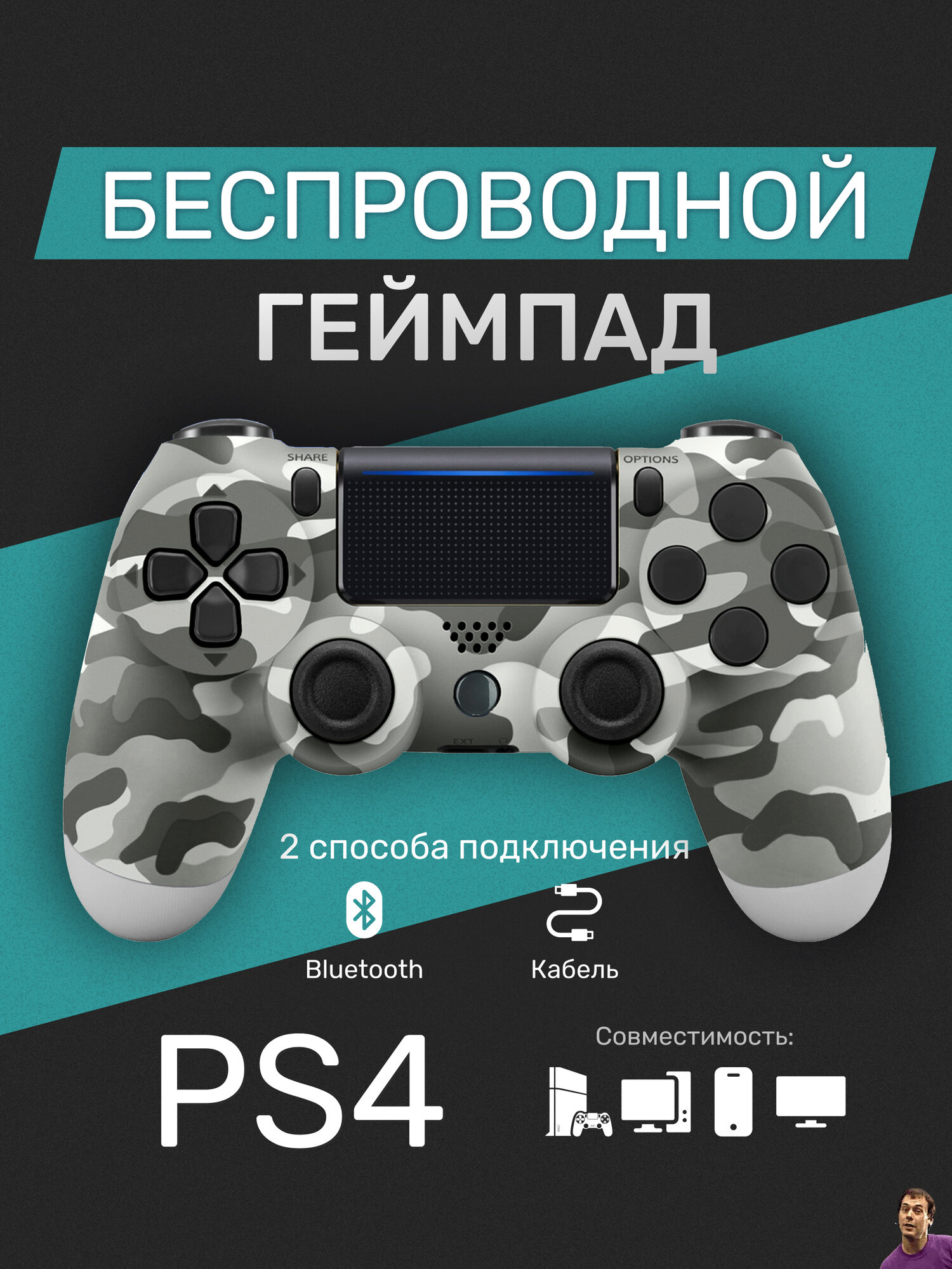 Беспроводной геймпад для PS4/ПК/телефона с Bluetooth, серый камуфляж