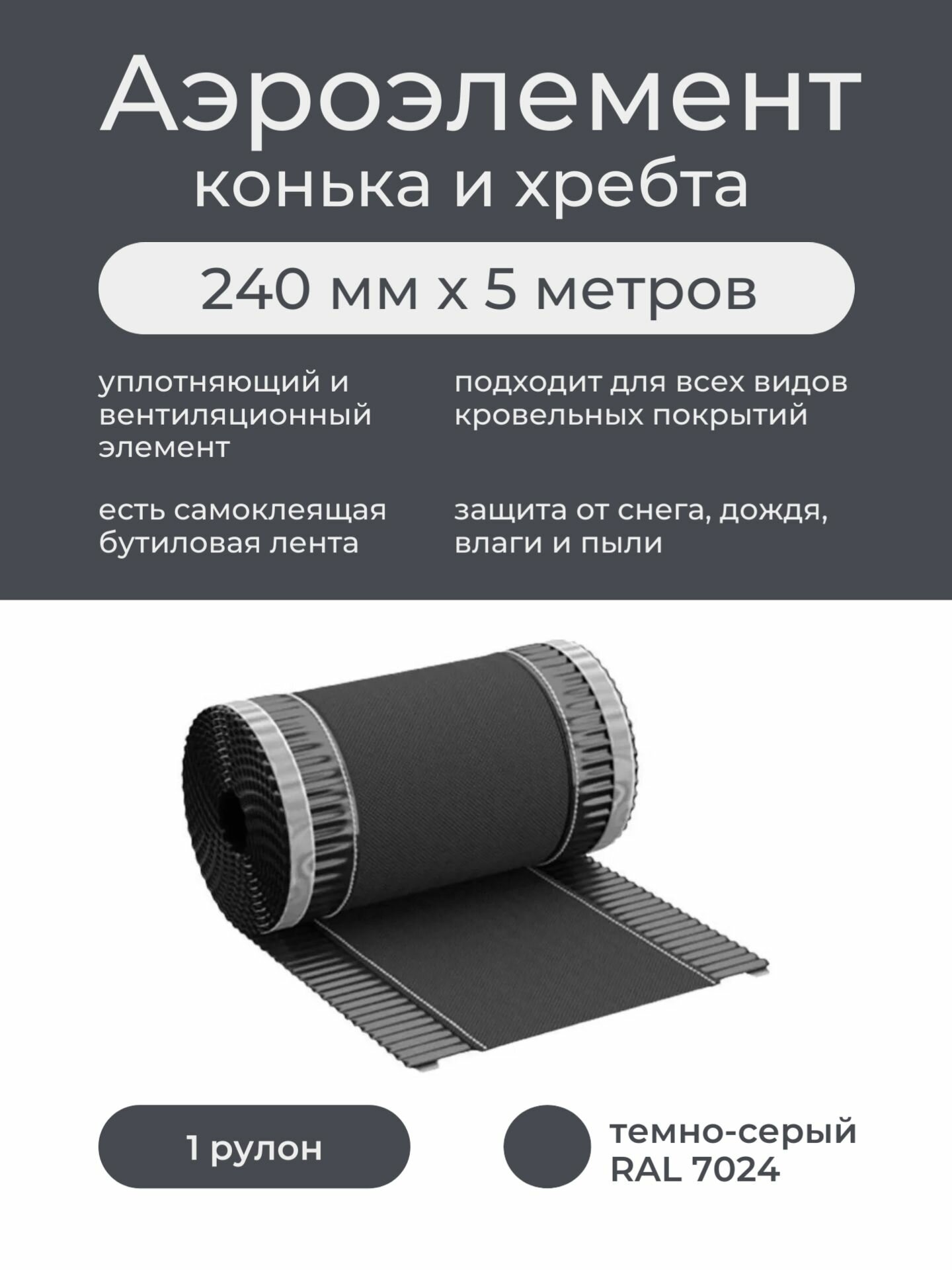 Аэроэлемент конька и хребта серый RAL 7024 500х24 см (лента коньковая вентиляционная)