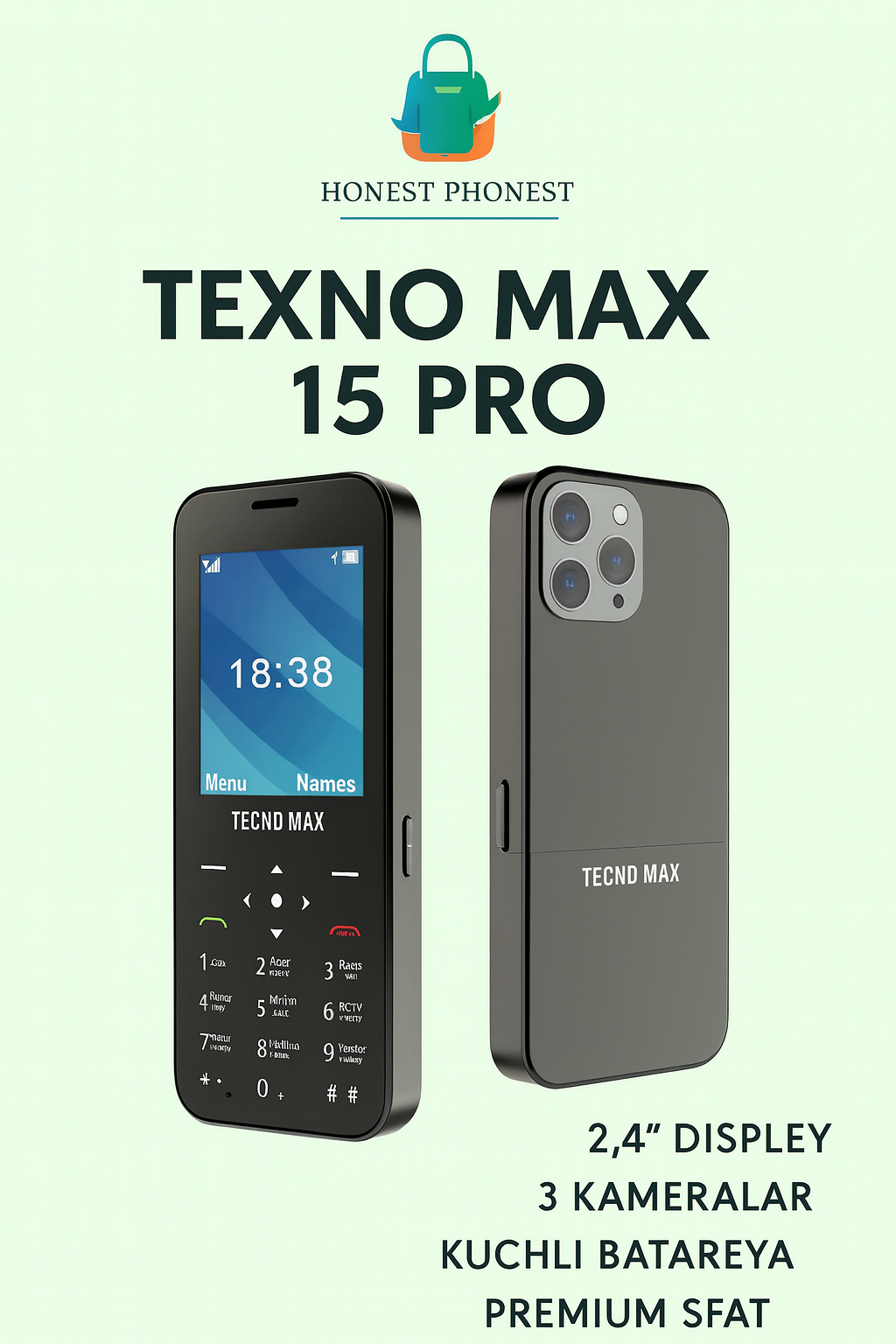 Texno Max 15 Pro — Кнопочный телефон, 4 SIM, от Honest Phonest, черный