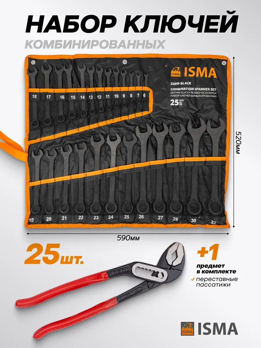 Набор ключей комбинированных 25шт с пассатижами переставными
