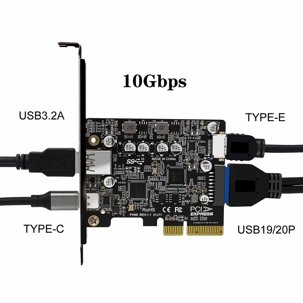 Контроллер PCIe x4 v3.0 (ASM3142+VL822) USB 3.2 Gen2, Type-C+USB-A+Type-E+19PIN (ORIENT AM-U3142PE-AC19E)