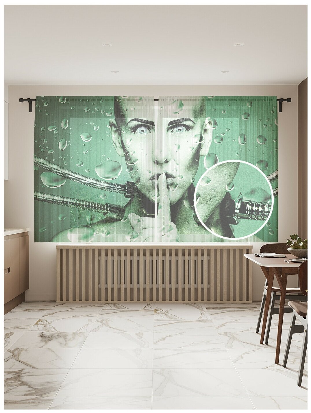 Тюль для кухни и спальни JoyArty "Девушка молчит", 2 полотна со шторной лентой шириной по 145 см, высота 180 см.