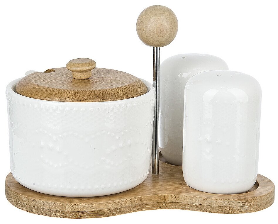 Набор для специй из 3-х предметов Best Home Porcelain "Naturel", 18*13*12 см, на бамбуковой подставке (2630207)