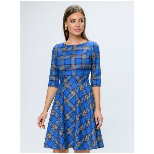 фото Платье синее в клетку с рукавами 3/4 и расклешенной юбкой 1001dress