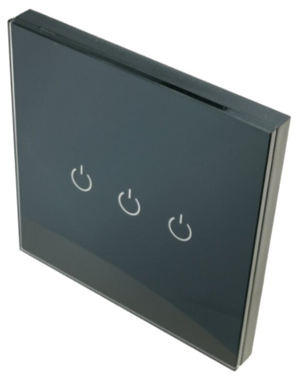 Сенсорный выключатель трехкнопочный с рамкой из закаленного стекла. Цвет черный