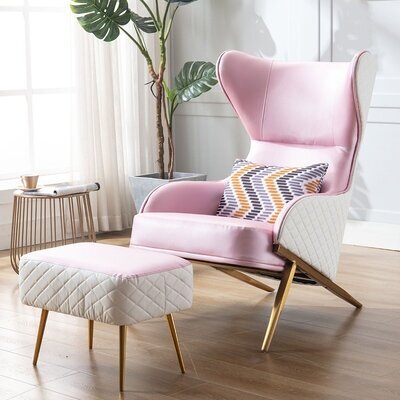 Кресло с высокой спинкой на металлическом каркасе для современной гостиной (белый + розовый, желтое золото ножки)