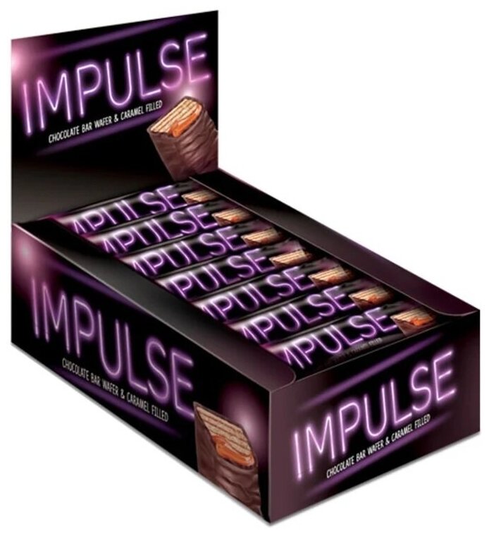 Батончик шоколадный КДВ "IMPULSE" с хрустящей вафлей в карамели и молочно-шоколадной глазури, 24 шт (384 гр) , Яшкино