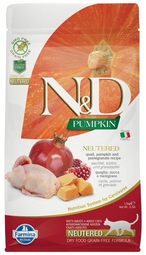 N&D CAT GF PUMPKIN NEUTERED QUAIL 1,5 KG / Н&Д КЭТ перепел И тыква для стерилезованных кошек И кастрированных котов 1,5 КГ