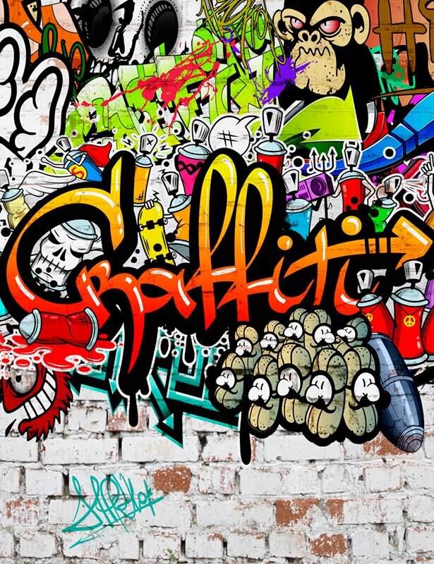 Моющиеся виниловые фотообои GrandPiK В стиле граффити. Graffiti на кирпичной стене, 200х260 см