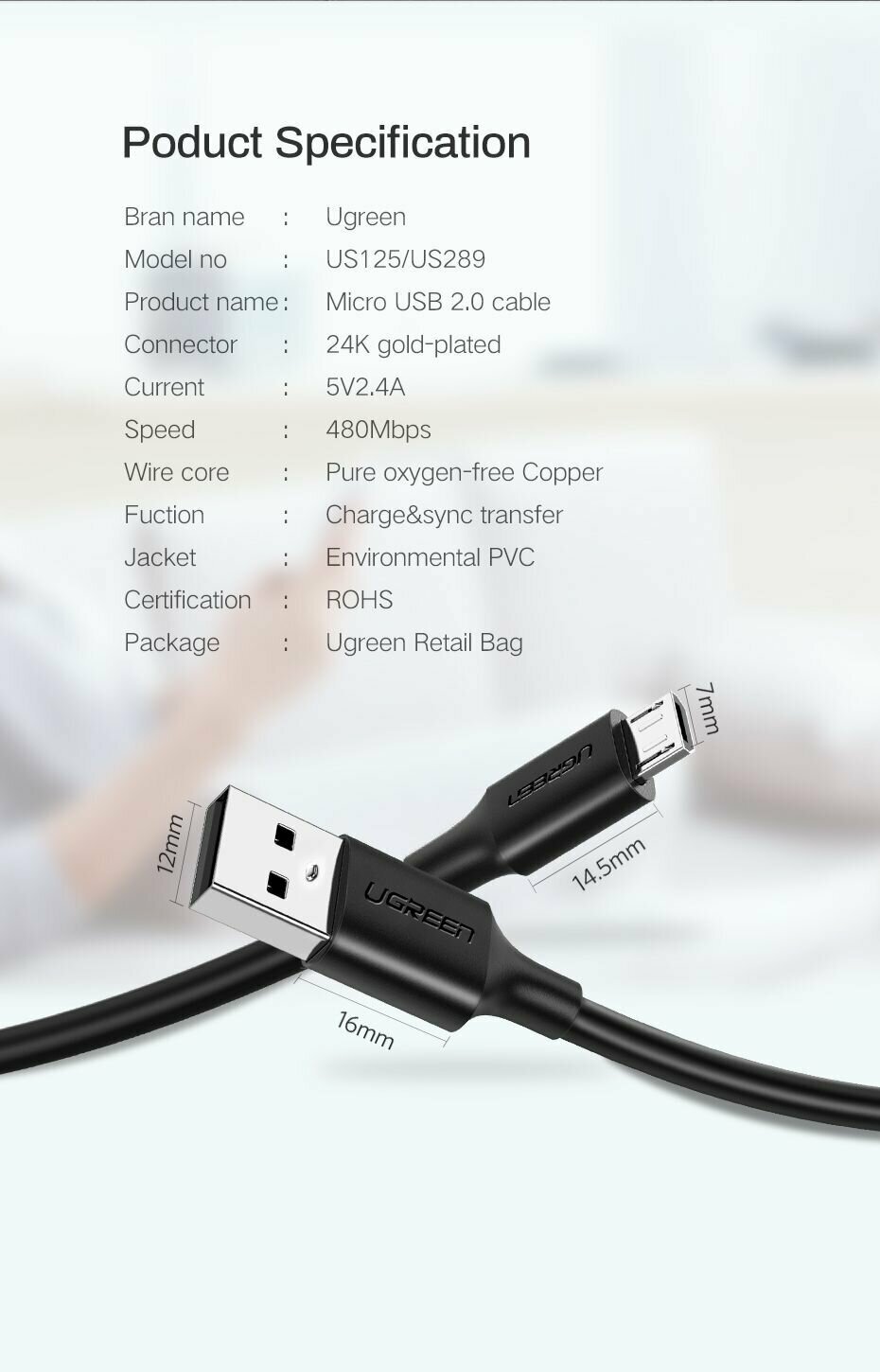 Кабель UGREEN 60136 USB 2.0 A/Micro USB, Nickel Plating, 1м, black - фото №16