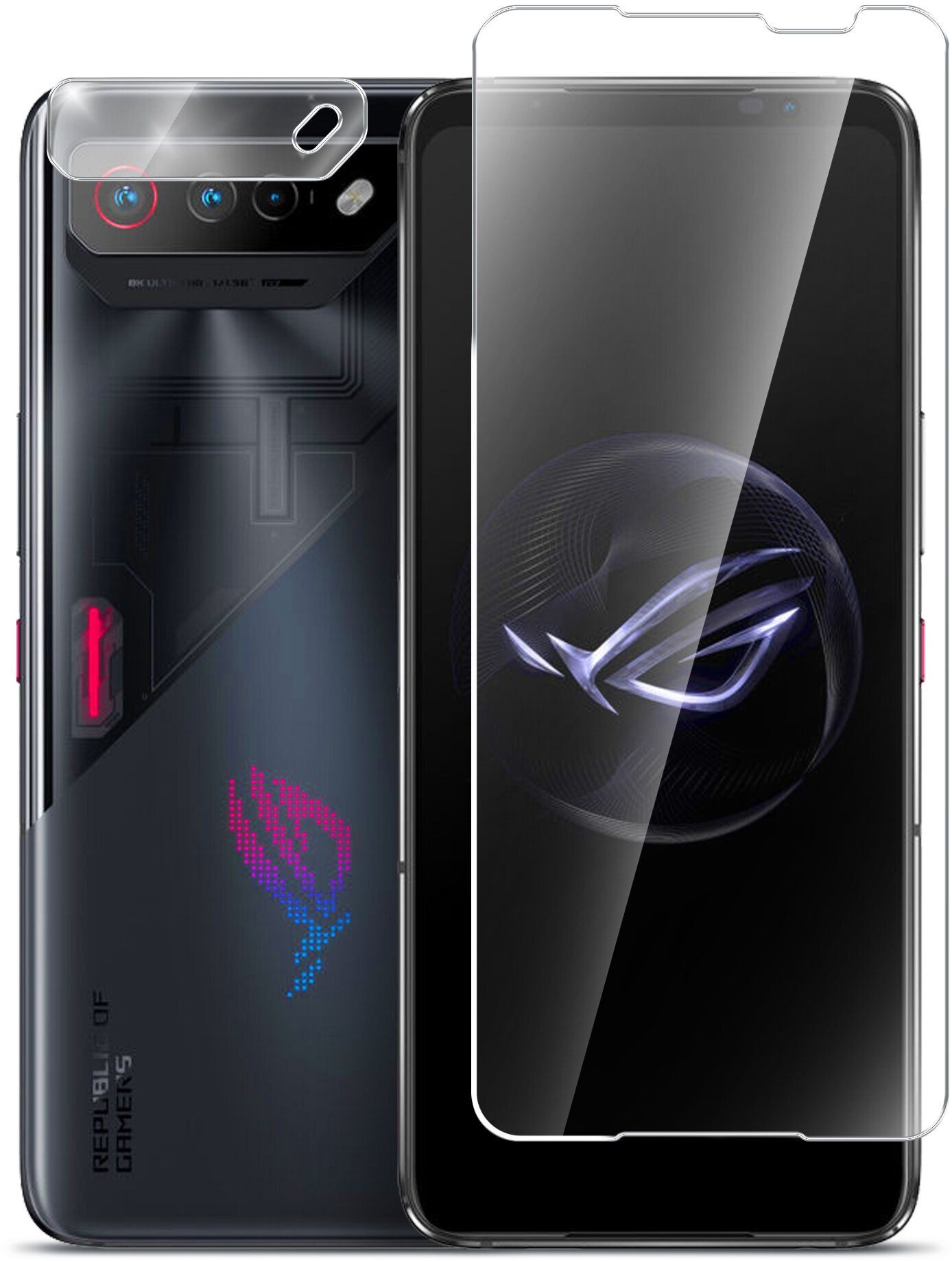 Защитное стекло для Asus Rog Phone 7 (Асус Рог Фон 7) на Экран и Камеру, (гибридное: пленка+стекловолокно), прозрачное тонкое Hybrid Glass, Miuko
