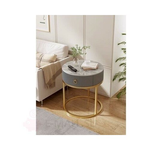 Прикроватная тумбочка круглая с выдвижным ящиком и столешницей из керамики (серый ребристый 45 см, без полки)