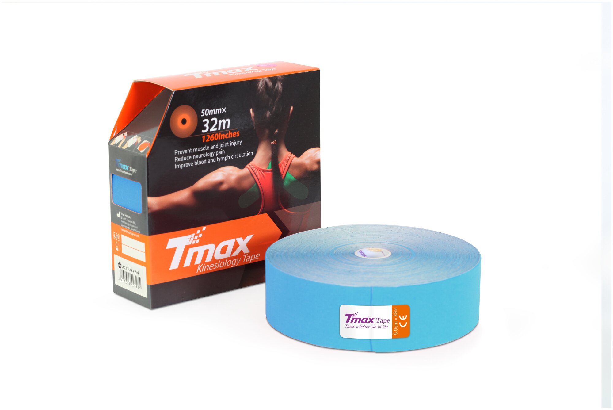 Кинезио тейп хлопок Tmax Extra Sticky 5cm x 32m, голубой