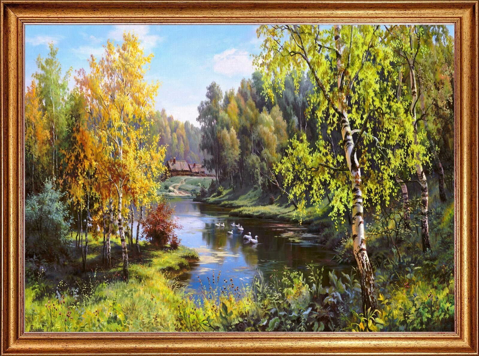 Картина, "Гуси в деревне", 50х70 см, художник - Прищепа И. Арт. ПИ12-50х70