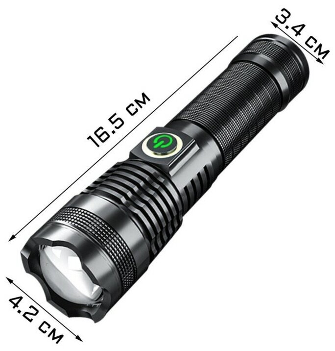 фото Фонарь ручной аккумуляторный, 10 Вт, 3500 мАч, светодиод P50, IP66, 16.5 х 4.2 х 3.4 см, USB