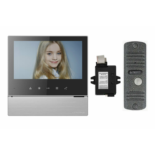 Комплект видеодомофона и вызывной панели COMMAX CDV-70H2 (Белый Black Smog) / AVC 305 (Серебро) + Модуль XL Для цифрового подъездного домофона