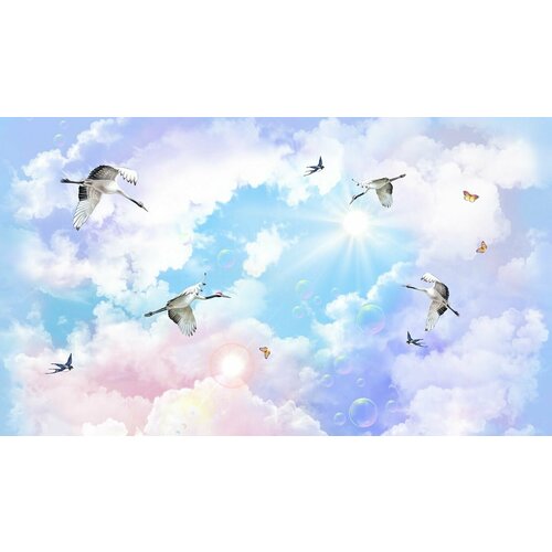 Моющиеся виниловые фотообои детские Небо облака аисты, 450х260 см