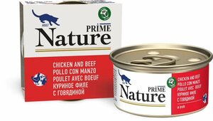Влажный корм Prime Nature для любых кошек, куриное филе с говядиной в бульоне 85гр