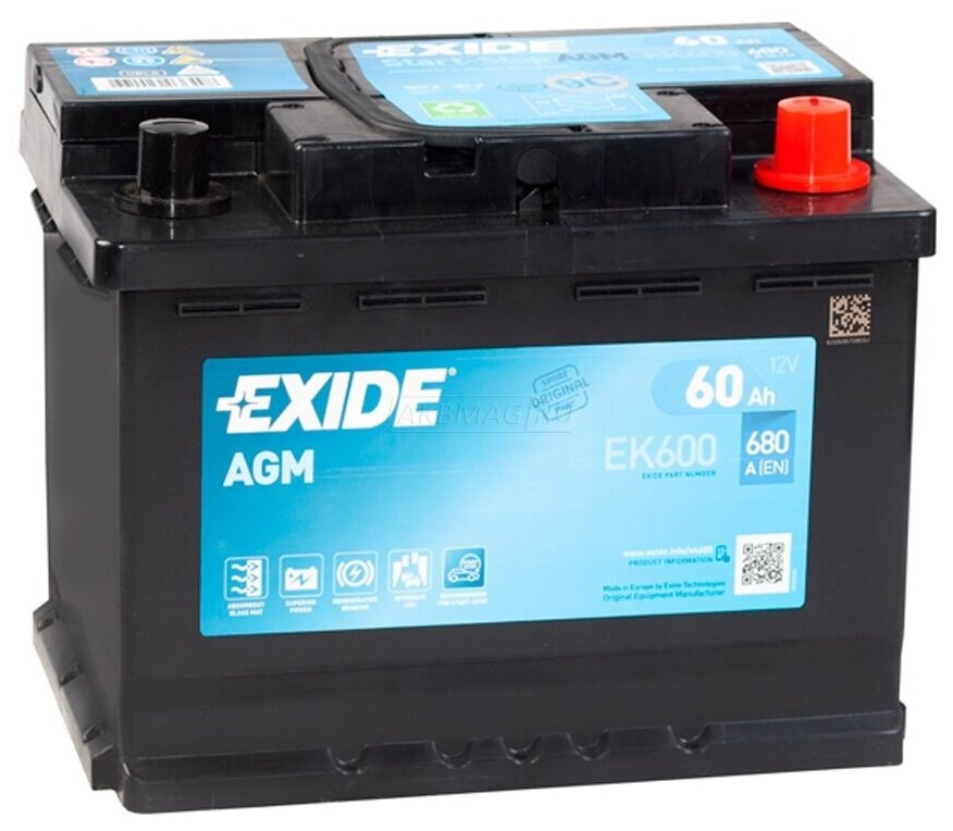 АКБ EXIDE Start-Stop AGM 12V 60Ah 680A 242x175x190 /-+/ EXIDE EK600