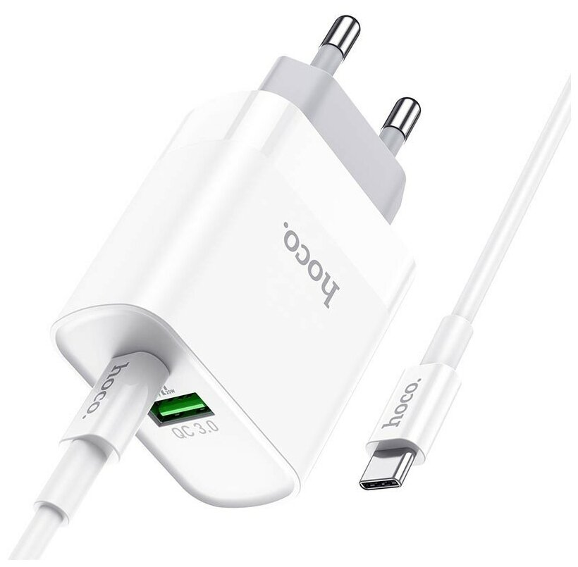 Сетевое зарядное устройство HOCO C80A Plus 1xUSB + 1xUSB Type-C с кабелем Type-C - Type-C, 3.1A, 20W, белый