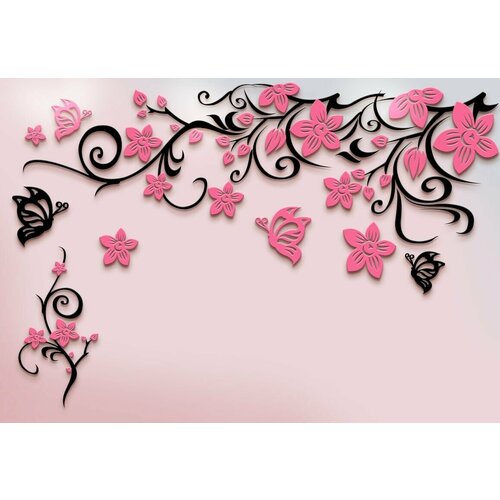 Моющиеся виниловые фотообои Цветущая розовая ветвь и черная бабочка, 350х240 см