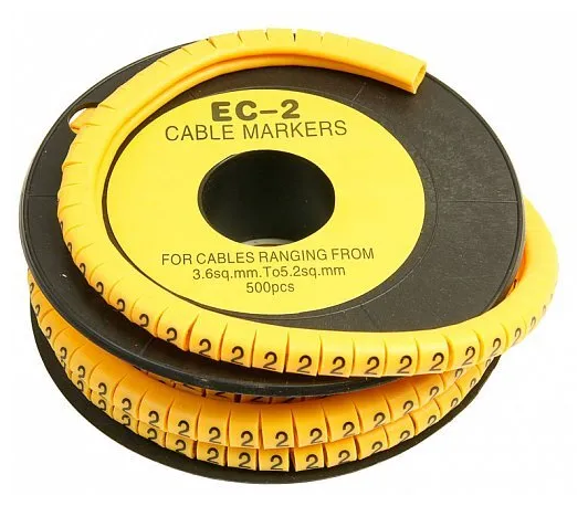 Маркер кабельный клипса с маркировкой бирка для кабеля RIPO жёлтый диаметр 7.4 мм цифра 2 арт. 006-900022