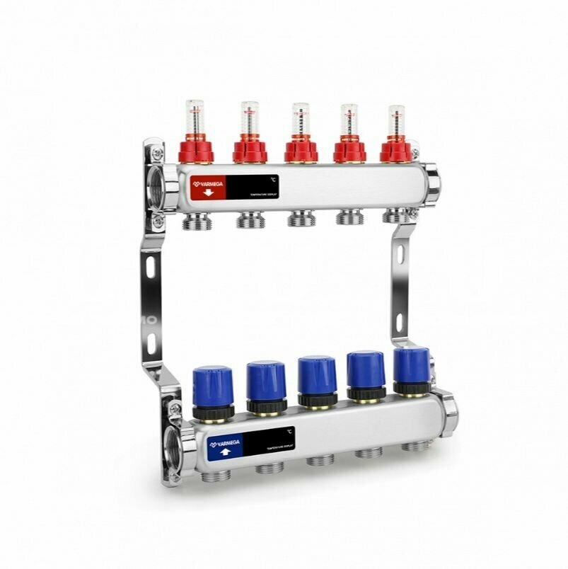 Коллекторная группа с расходомерами и регулировочным клапаном Varmega (Вармега) ВР 1" на 5 контуров, отводы 3/4" EK, нержавеющая сталь