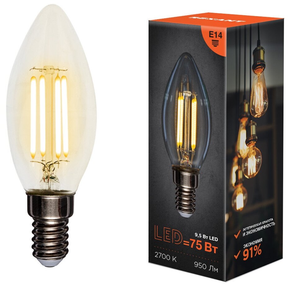 Лампа филаментная Свеча CN35 9.5 Вт 2700K E14 REXANT