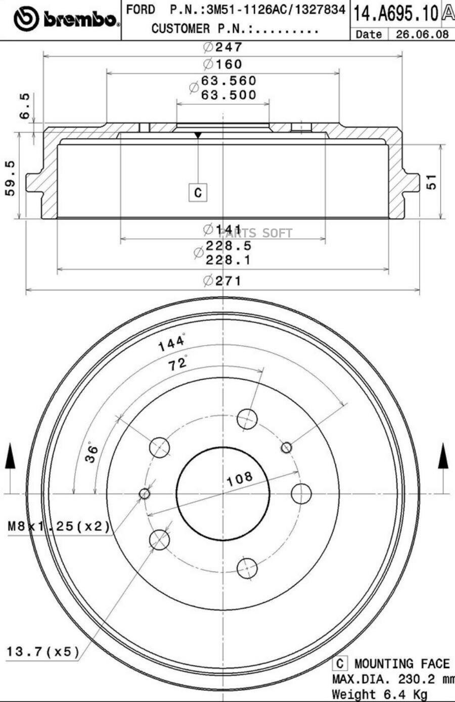 Барабан Тормозной 14 A69510 Brembo арт 14 A69510