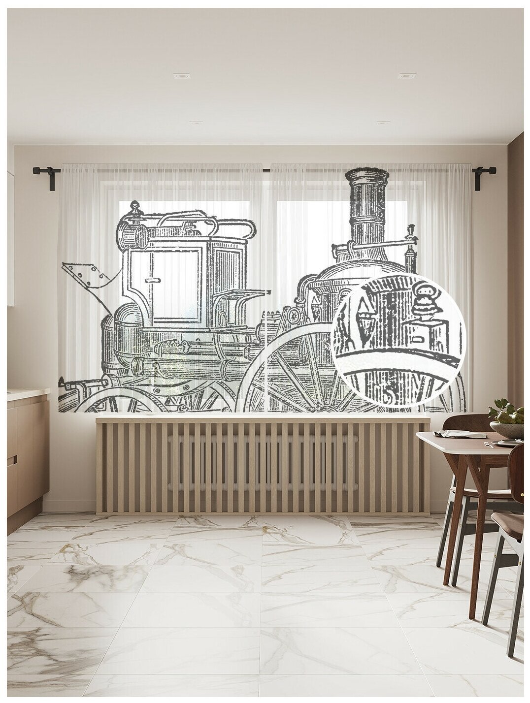 Тюль для кухни и спальни JoyArty "Старейший паровоз", 2 полотна со шторной лентой шириной по 145 см, высота 180 см.