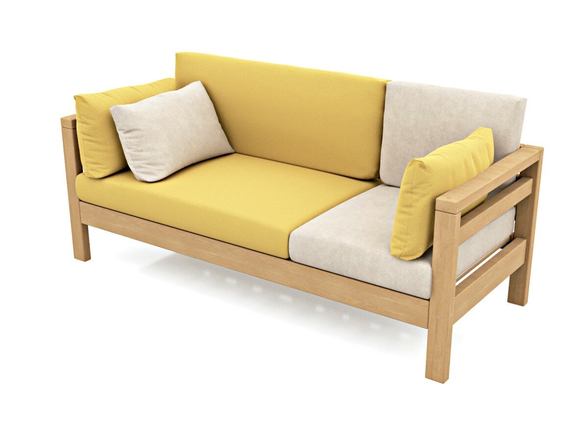 Садовый диван кушетка Soft Element Бонни трехместный, желтый, массив дерева, велюр, с подушками, на террасу, на веранду, для дачи, для бани