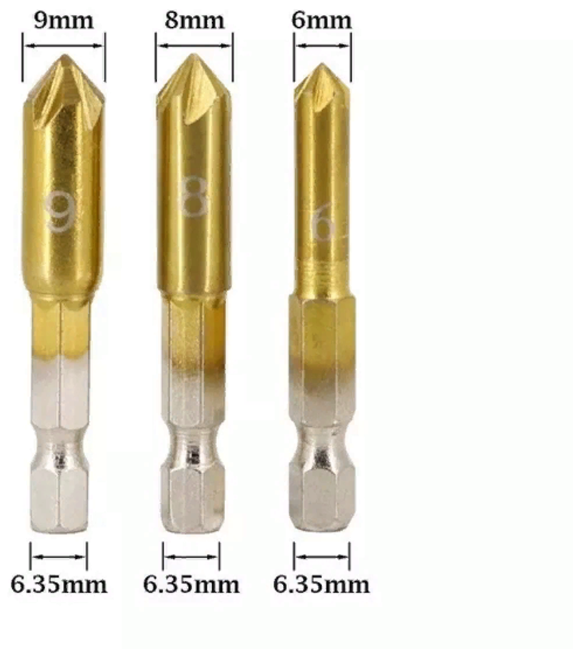 Зенкер с шестигранным хвостовиком по дереву и цветным металлам диаметр ; 6мм 8мм 9мм. Комплект 3 штуки
