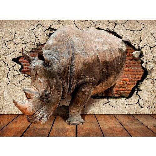 Моющиеся виниловые фотообои GrandPiK Носорог сквозь стену 3D, 400х300 см
