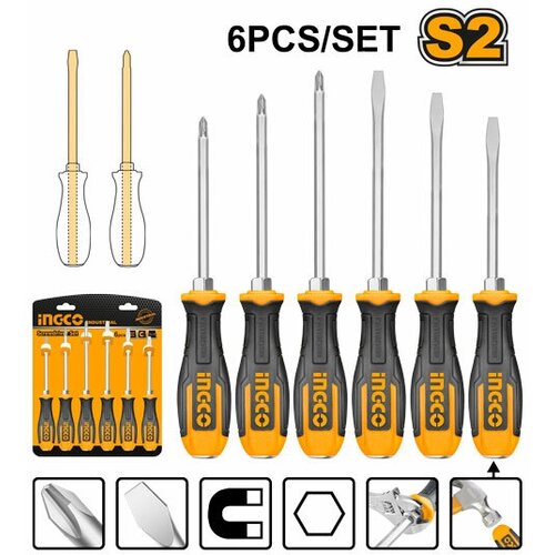 Набор отверток (6 шт; S2) ударные; магнитный наконечник INGCO INDUSTRIAL HSGT680608 набор отверток и бит 40 60 шт ingco industrial hksd10028