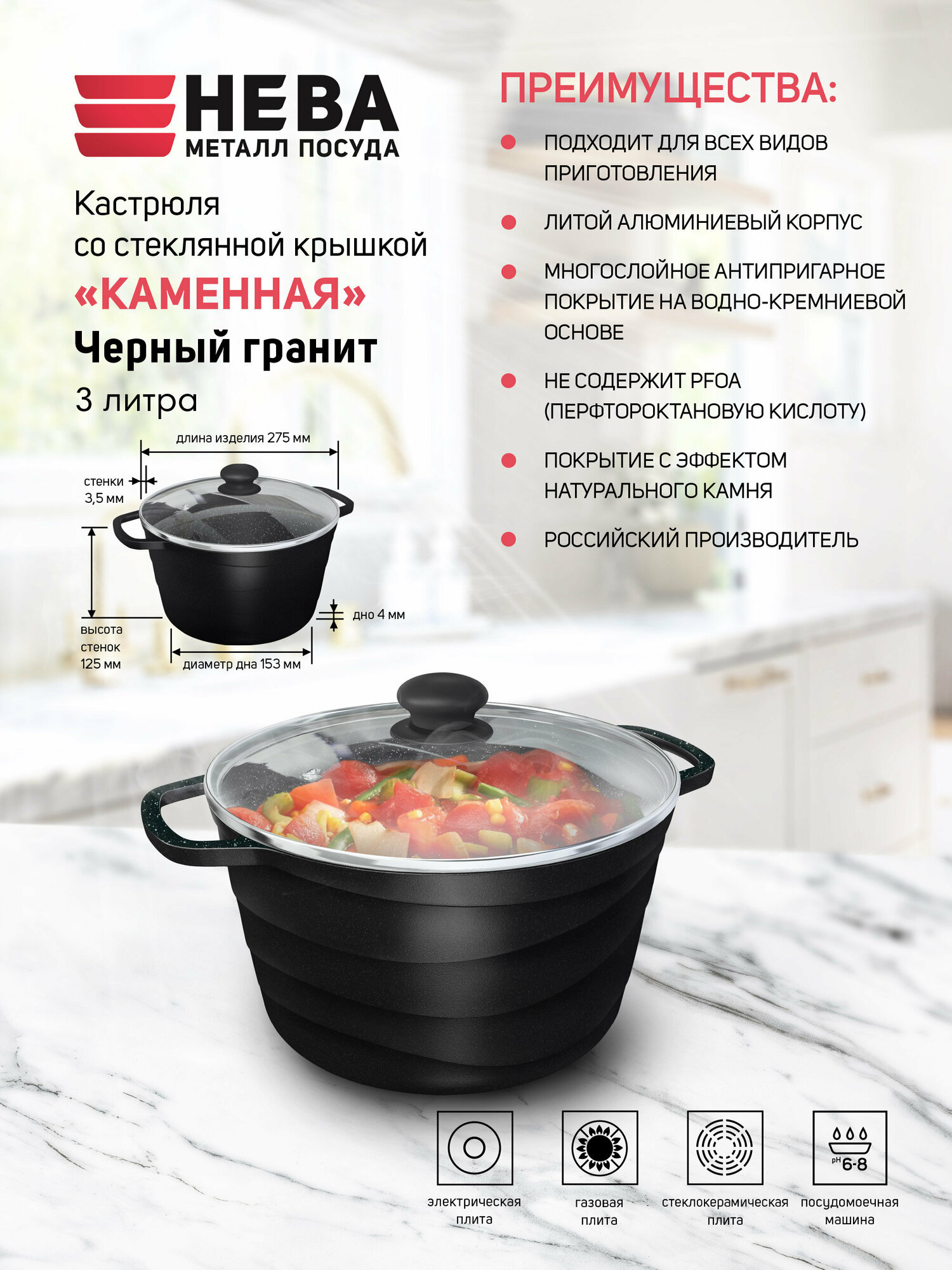 Литая алюминиевая кастрюля со стеклянной крышкой InHome