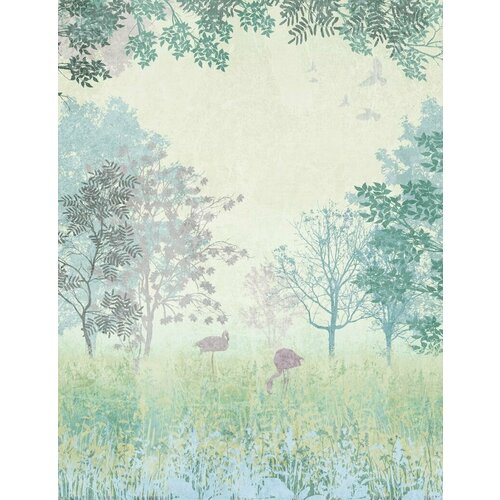 Моющиеся виниловые фотообои Фламинго в лесу стилизованный рисунок, 200х260 см