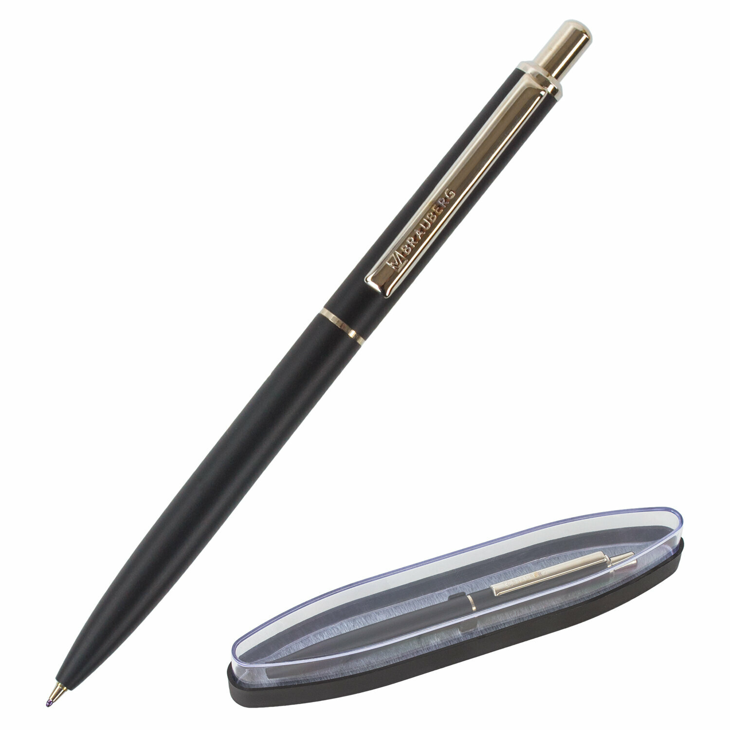 Ручка бизнес-класса шариковая Brauberg Larghetto, синяя, корпус черный с хромированными деталями, линия письма 0,5 мм (143476)