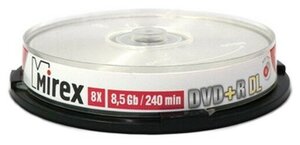 Оптический диск DVD плюс R 8.5 Гб Mirex 8-ск. двуслойный с полнозакрашенной поверхностью для струйной печати туба 10шт.