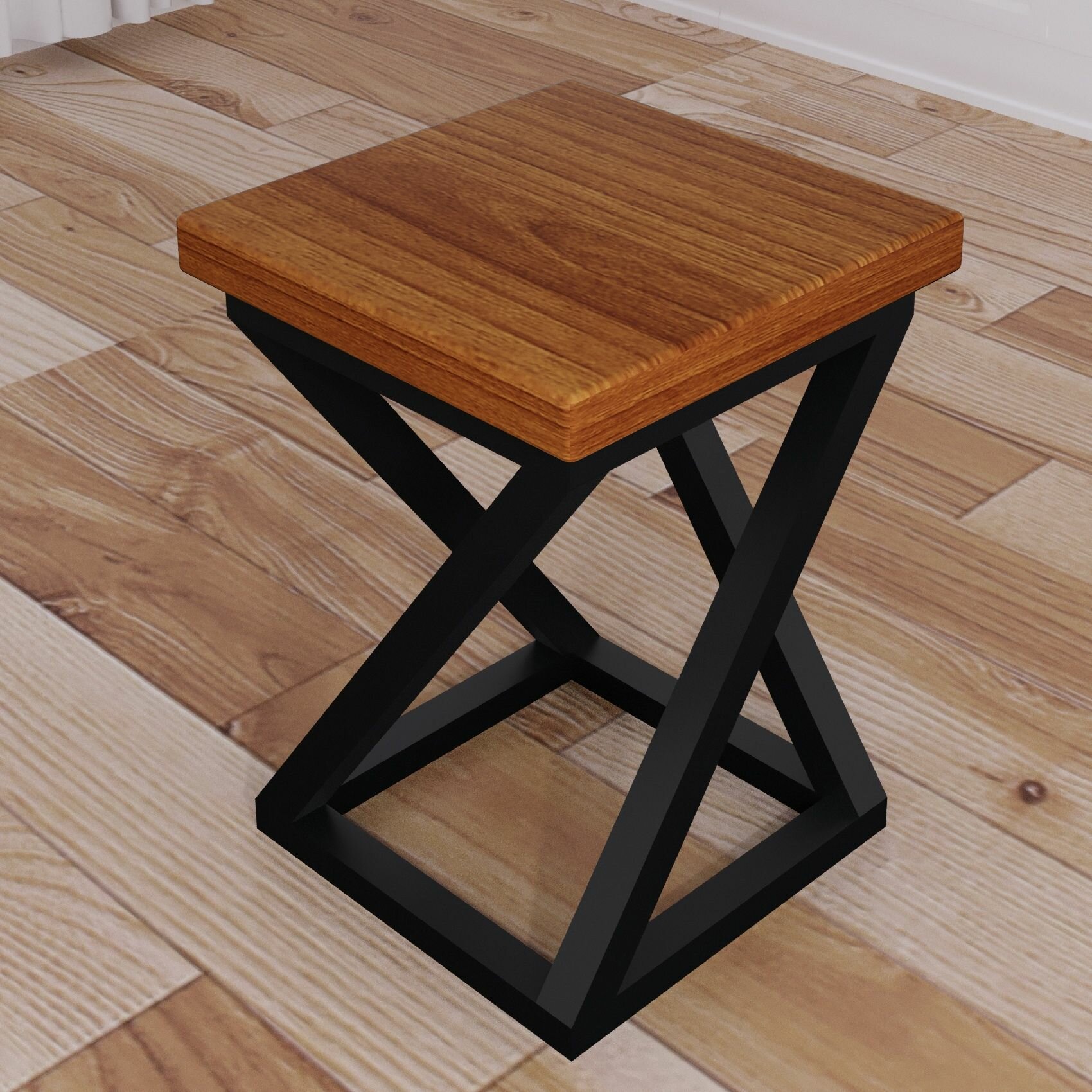 фото Табурет кухонный Циклон в стиле Лофт из массива сосны 4 см, черный металлический каркас, цвет ольхи