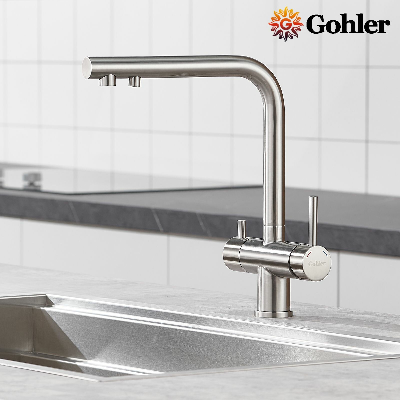 Смеситель для кухни с краном под фильтр для питьевой воды Gohler G4213S сатин