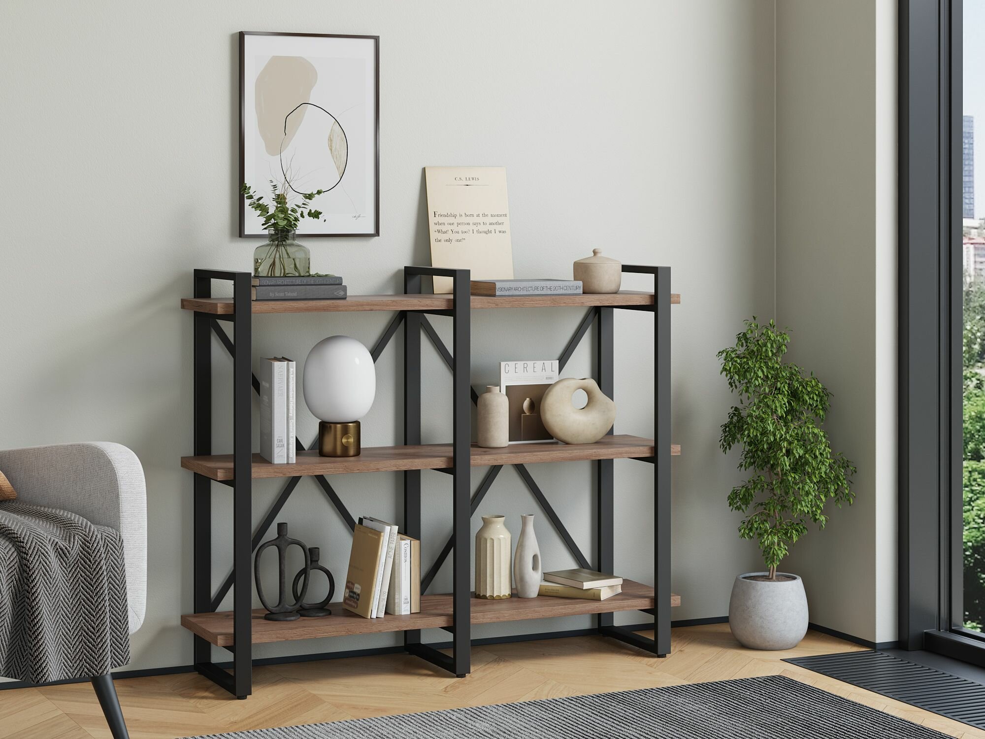 Стеллаж Айсберг Лофт 120х102-3 черный с полками дуб крафт табак