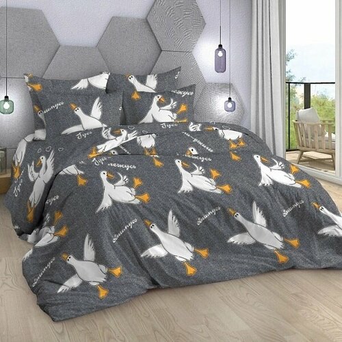 Гусь обнимусь Пододеяльник 220х240 и обычная простынь 220х240 наволочки 70х70 - 2 шт перкаль 100% хлопок