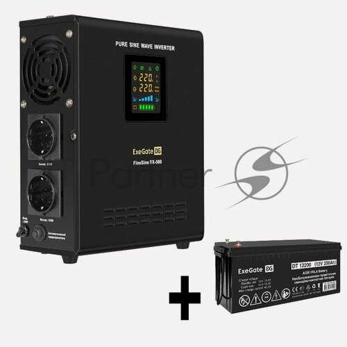 Изображение товара Комплект ИБП EX295995RUS + батарея 200Aч EX282991RUS 1шт (инвертор, синус, для котла, настенный) ExeGate FineSine SX-500. LCD. AVR.2SH <500VA/300W, чистая синусоида, цветной LCD-дисплей, AVR, 2*Schuko, линейно-интерактивный, крепление настенное/универс