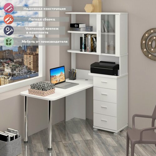 Изображение товара Стол компьютерный Мэрдэс СР-220/150 БЕ Белый, угловой, с полками, с ящиками, 150х109.5х193 см