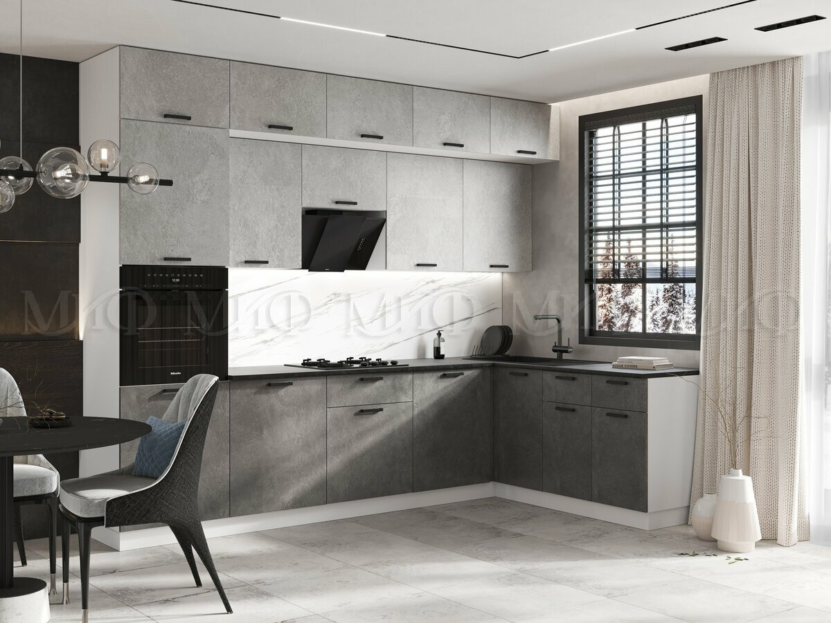 Кухня угловая с пеналом Миф Рио NEW30х18м (490) Компоновка №2 ЛДСП Бетон светлый/бетон темный/ Антарес