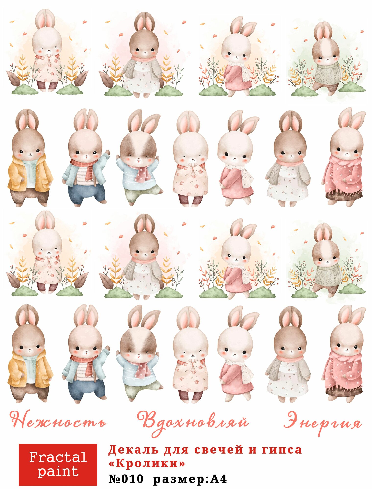Трансфер для декупажа декали для свечей и гипса кролики 010 (А4)